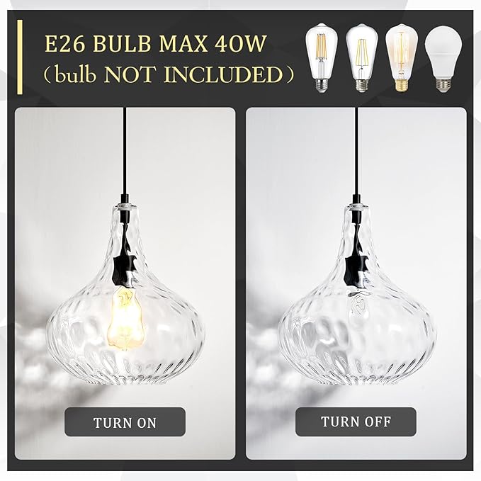 Glass Large Pendant Lights for Kitchen Island Blown Glass Pendant Light Clear Hammered Shade Hanging Ceiling Lights with Black Finish for for Kitchen Island, Sink, Hallway, Living Room 11 inch