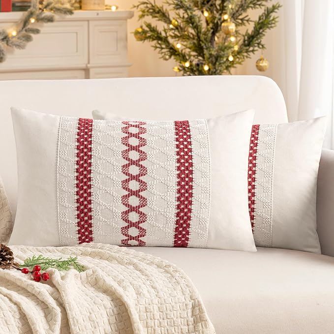MIULEE Set of 2 Christmas Red Boho Decorative Lumbar Pillow Covers 12x20 Inch Farmhouse Rustic Couch Throw Pillows Modern Cotton Cushion Covers Retro Cute Macrame Woven Home Decor for Bed Sofa Chair