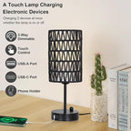 Black Bedside Lamps Set of 2, Touch Control Night Stand Lamp for Bedroom with Rattan & Linen Shade & Bulbs, 3 Way Dimmable Small Boho Table Lamps with USB Charging Port & Phone Stand