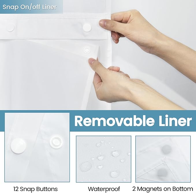 Long No Hook Shower Curtain with Snap in Liner,230GSM Waffle Weave Shower Curtains for Bathroom,71W x 77H(75"),White