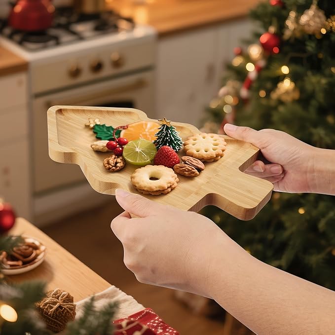 TJ POP Christmas Tree Serving Platter | Decorative Bamboo Serving Tray for Cheese, Cookies, Dessert | 12 x 9 Inches | Natural Wood Candy Snack Board Cute Charcuterie Board | Holiday Kitchen Decor