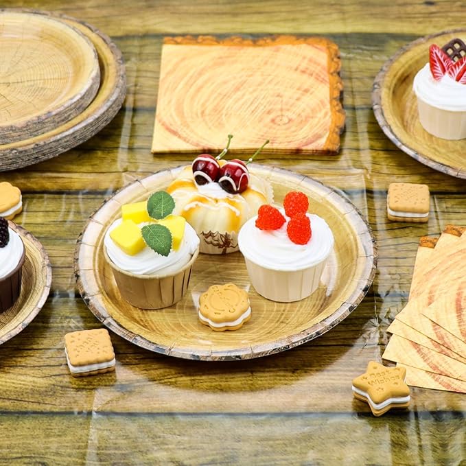 Rustic Wood Grain Party Supplies for 16 – Disposable Plates, Napkins, Tablecloth & Cutlery – Ideal for Camping, Hunting, Outdoor or Forest-Themed Events