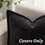 Black Decorative Throw Pillow Covers 16x16 Inch Set of 2 Cozy Soild Chenille Cushion Cases Soft Textured Square Couch Pillows Cover Boho Accent Farmhouse Pillowcases for Sofa Bed