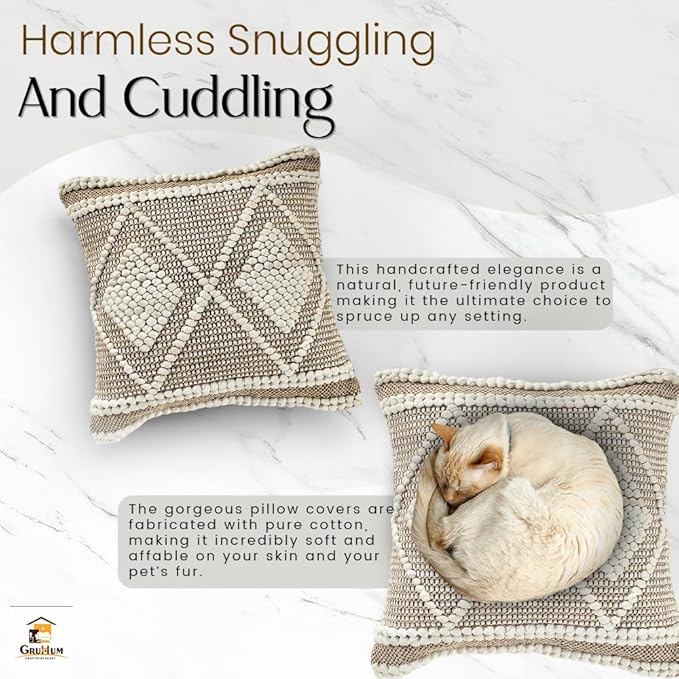 GRUHUM Throw Pillow Covers 18 x18 -Set of 2 Boho Pillow Cases Rustic Vintage Decorative Handwoven Sofa Couch Cover- Bedroom Farmhouse Living Room Bed Car Decor Modern Linen White Square 18X18 Inches