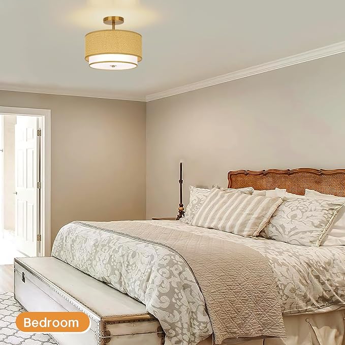 Boho Light Fixtures Woven Rattan-Style Flush Mount Ceiling Light, 12.6inch Closed to Ceiling Light Fixture with 2-Tier Drum Design for Bedrooms, Kitchen, Dining Room, Hallway