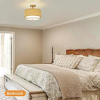 Boho Light Fixtures Woven Rattan-Style Flush Mount Ceiling Light, 12.6inch Closed to Ceiling Light Fixture with 2-Tier Drum Design for Bedrooms, Kitchen, Dining Room, Hallway