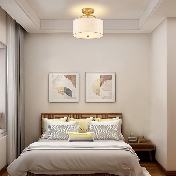 Gold Semi Flush Mount Ceiling Light Fixture 3-Light Drum Light Fixture with White Fabric Cover Shade 12.2" Modern Round Chandelier for Bedroom Foyer Hallway Living Room Kitchen Dining Room