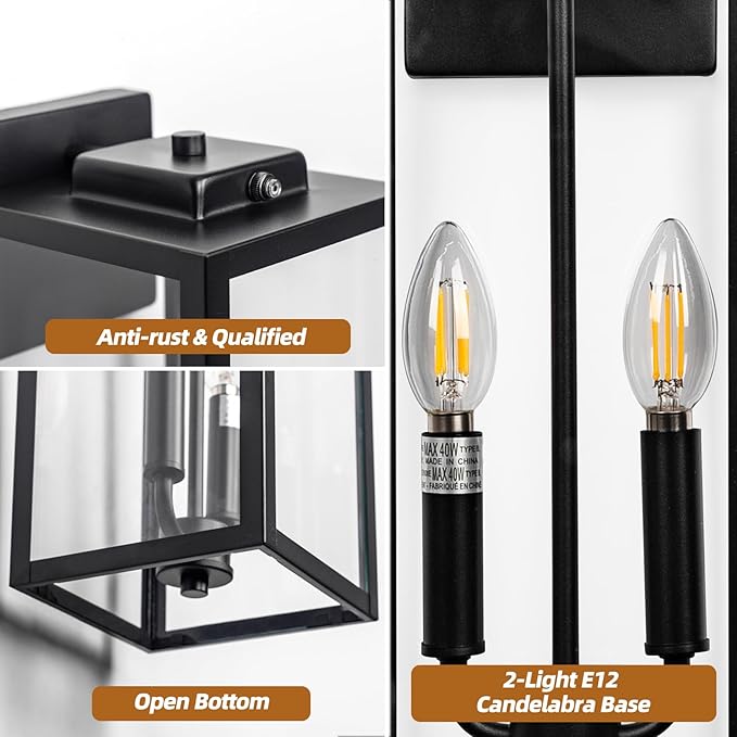 Dusk to Dawn Outdoor Light Fixture 2-Light, Large Outdoor Lantern 16” IP65 Waterproof Exterior Sconce with Photocell Sensor Outside Wall Light for House Front Porch Wall Mounted Lamp, E12