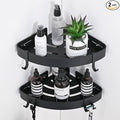 Adhesive Corner Shower Caddy with Hooks,Bathroom Shower Organizer, No Drilling Rust Proof Aluminum Shower Shelf for Inside Shower 2 Pack (Black)