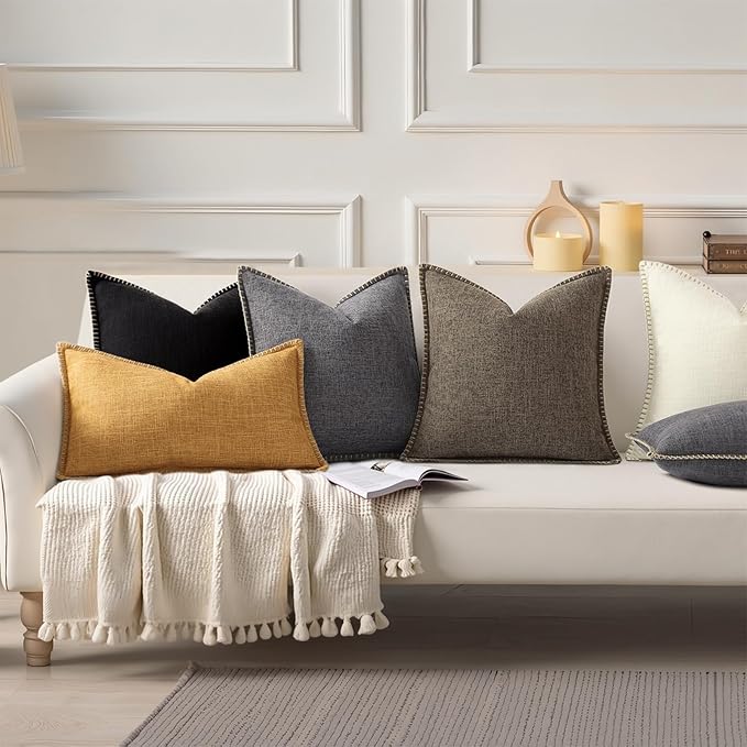 decorUhome Decorative Outdoor Throw Pillow Covers 22x22 Set of 2, Square Linen Farmhouse Euro Pillow Covers with Stitched Edge, Rustic Neutral Pillow Covers for Couch, Sofa, Living Room, Chocolate