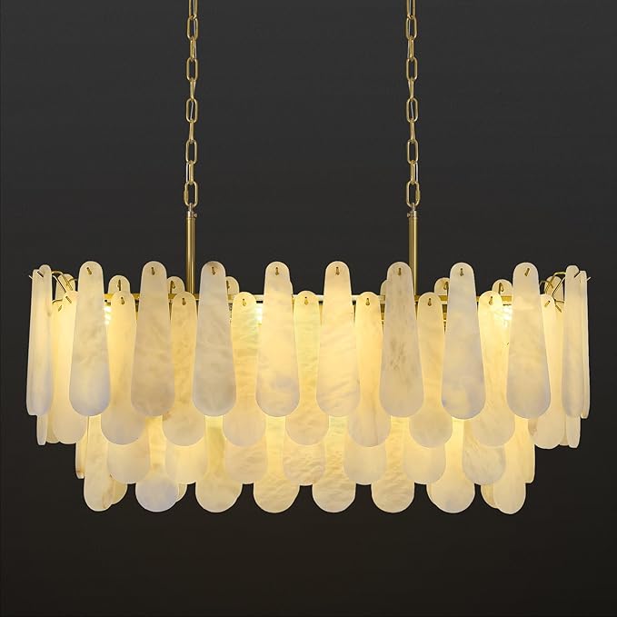 Alabaster Rectangle Chandelier, 40'' 76 PCS Natural Spanish Marble Linear Chandelier for High Ceiling, 4-Tiers Modern Luxury Large Brass Chandeliers for Dining Room, Kitchen Island (Bulbs Included)