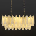 Alabaster Rectangle Chandelier, 40'' 76 PCS Natural Spanish Marble Linear Chandelier for High Ceiling, 4-Tiers Modern Luxury Large Brass Chandeliers for Dining Room, Kitchen Island (Bulbs Included)