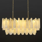 Alabaster Rectangle Chandelier, 40'' 76 PCS Natural Spanish Marble Linear Chandelier for High Ceiling, 4-Tiers Modern Luxury Large Brass Chandeliers for Dining Room, Kitchen Island (Bulbs Included)