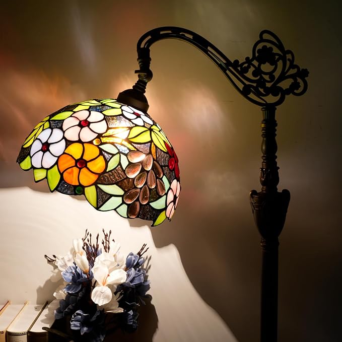 Tiffany Floor Lamp 12 Inch Stained Glass Lamp Purple Retro Handcrafted Adjustable Reading Lamp Suitable For Bedside Bedroom Living Room Office Tiffany Style Antique Home Decoration Art (Grape Flower)