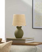 BoutiqueRugs Liliac Boho Ceramic and Jute Bedside Table Lamp for Bedroom Nightstand - End Side Lighting for Living Room - Shade Rattan - Green, Beige - 15" H