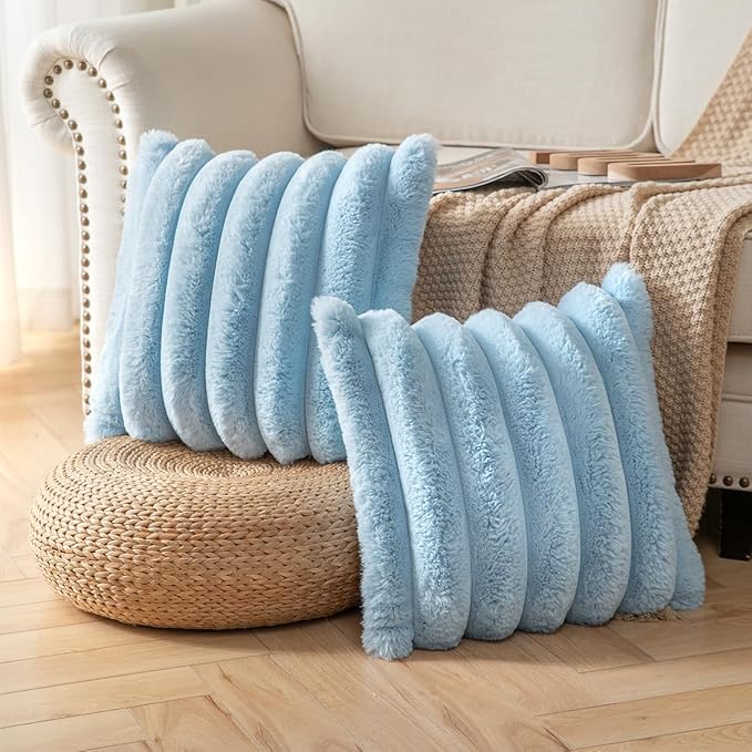 Faux Fur Plush Throw Pillow Covers 18x18 Inch Set of 2 - Luxury Decorative Fuzzy Striped Soft Cozy Pillowcase for Couch, Sofa, Living Room - Blue