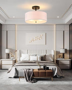 12.6" Semi Flush Mount Ceiling Light Fixture, 3-Light Black Drum Flush Mount Light Fixtures with White Fabric Shade, Modern Close to Ceiling Lights for Living Room Bedroom Hallway Entryway Foyer