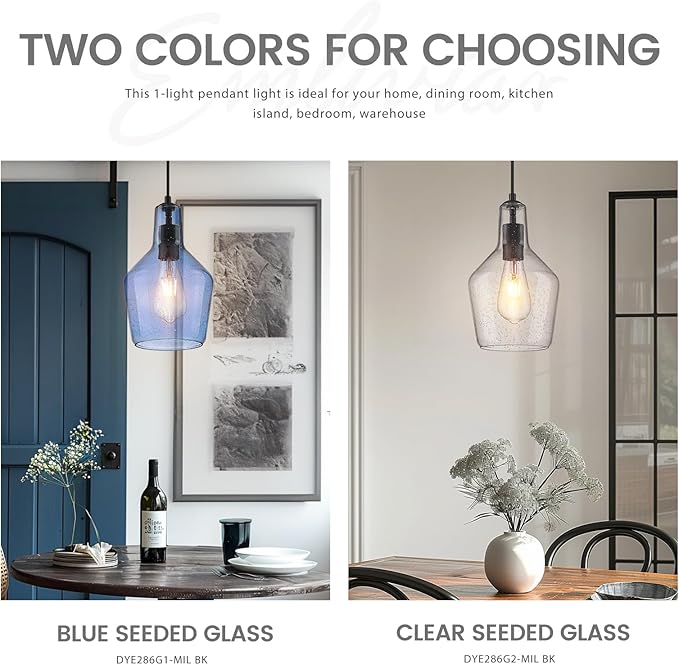 Emliviar 1-Light Kitchen Pendant Lighting, Industrial Adjustable Hanging Pendant Light with Seeded Glass, Blue Finish, DYE286G1-MIL BK