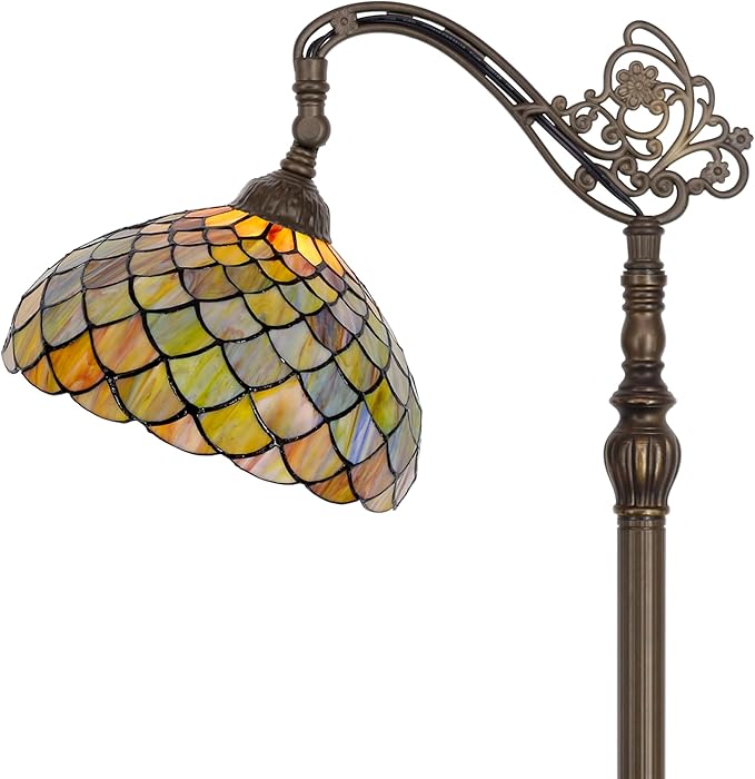 Tiffany Floor Lamp Stained Glass Fish Scales Style Arched Reading Light Gooseneck Adjustable Corner Standing Lamp 12X16X66 Inch for Bedroom Living Room Home Office
