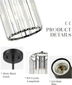 Crystal Pendant Light, Mini Chandelier with Matte Black Finish, Modern Hanging Light Fixture for Kitchen Dining Room Bedroom, CKPL5510-1P-BK