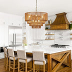 19.7" Hand-Woven Rattan Chandelier Vintage Farmhouse 6-Lights Boho Bamboo Chandeliers Light Fixture Retro Drum Wicker Rattan Golden Chandelier for Dining Room, Kitchen Island, Bedroom, E12