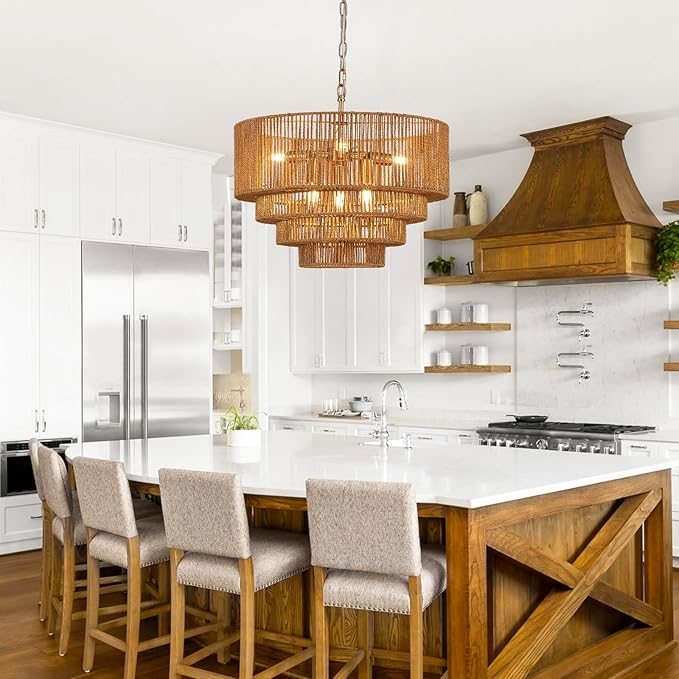 19.7" Hand-Woven Rattan Chandelier Vintage Farmhouse 6-Lights Boho Bamboo Chandeliers Light Fixture Retro Drum Wicker Rattan Golden Chandelier for Dining Room, Kitchen Island, Bedroom, E12