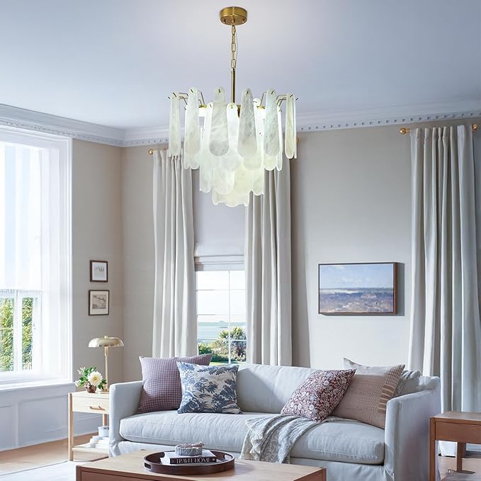Alabaster Round Chandelier, 22" 43 PCS Natural Spanish Marble Stone Chandelier, 4-Tiers Modern Luxury Brass Alabaster Chandeliers for Dining Room, Living Room, Bedroom, Bathroom, Entryway, Foyer