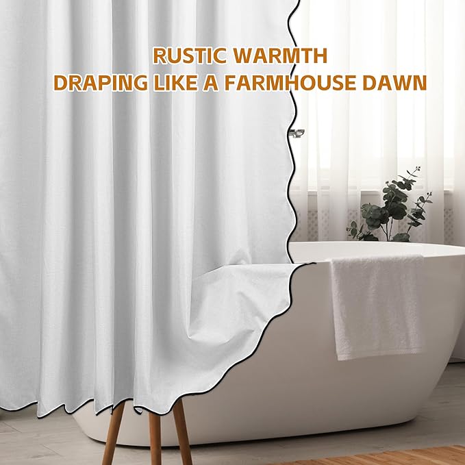 White and Black Scalloped Edge Shower Curtain Linen Textured with 12 Metal Hooks Cute Chic Heavy Duty Washable Waterproof Neutral Thick Shower Curtain Sets for Hotel Bathroom 72x72 inches