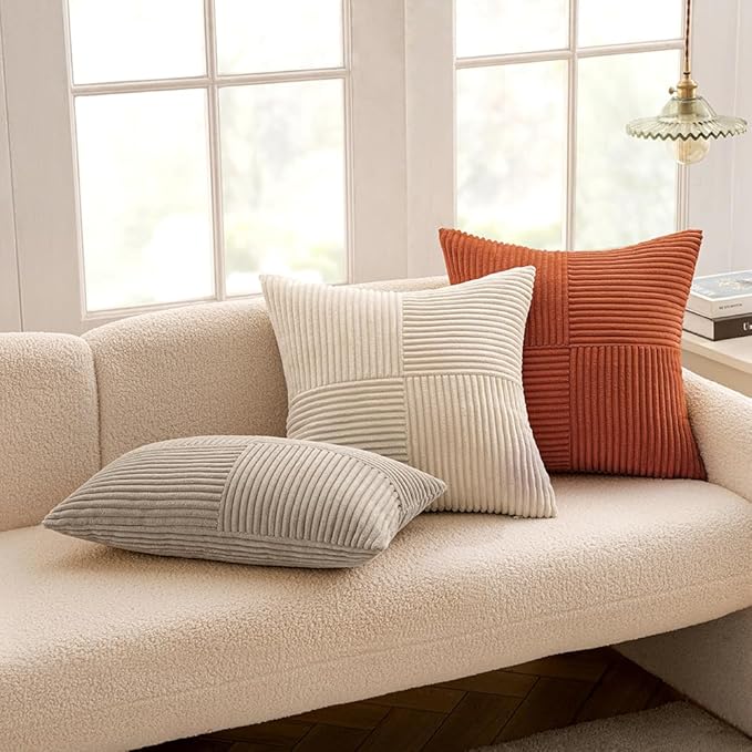 MIULEE Light Brown Corduroy Pillow Covers Pack of 2 Boho Decorative Spliced Throw Pillow Covers Soft Solid Couch Pillowcases Cross Patchwork Textured Cushion Covers for Living Room Bed Sofa 16x16 inch
