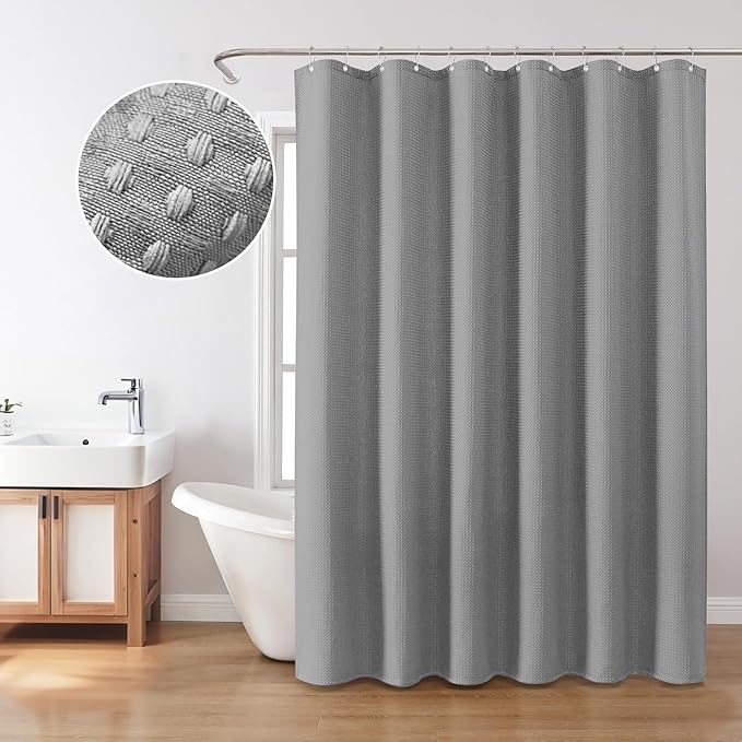 Inhousolu Fabric Shower Curtain Waffle Weave, 230 GSM Heavy Duty, Weighted Hem, 8 Metal Hooks, Water Repellent, Machine Washable, Hotel Spa Luxury Bath Curtain Set, 36 x 72 Inch, Grey