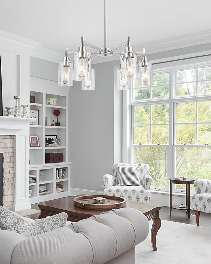Farmhouse Chandeliers for Dining Room Brushed Nickel Chandelier Fixture with Clear Glass Shades 6 Light Dining Room Light Fixtures Pendant Lights for Kitchen Island Living Room Staircase