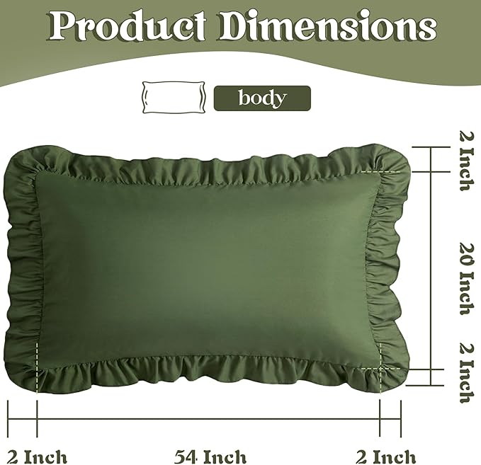KKJIAF Ruffle Body Pillow Cases Set of 1, Ruffled Pillow Covers with Envelope Closure, Body Pillowcases Size of 20" x 54", Ruffled Long Pillow Shams, Olive Green