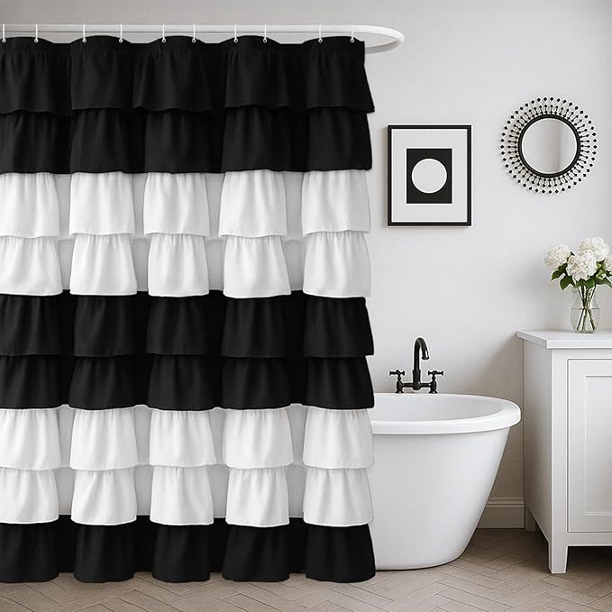 Seasonwood Ruffle Shower Curtain Black and White Shower Curtain Farmhouse Vintage Handcrafted Rustic Decorative Fabric Shower Curtains Girly Modern Bathroom Curtain, 72" x 72"