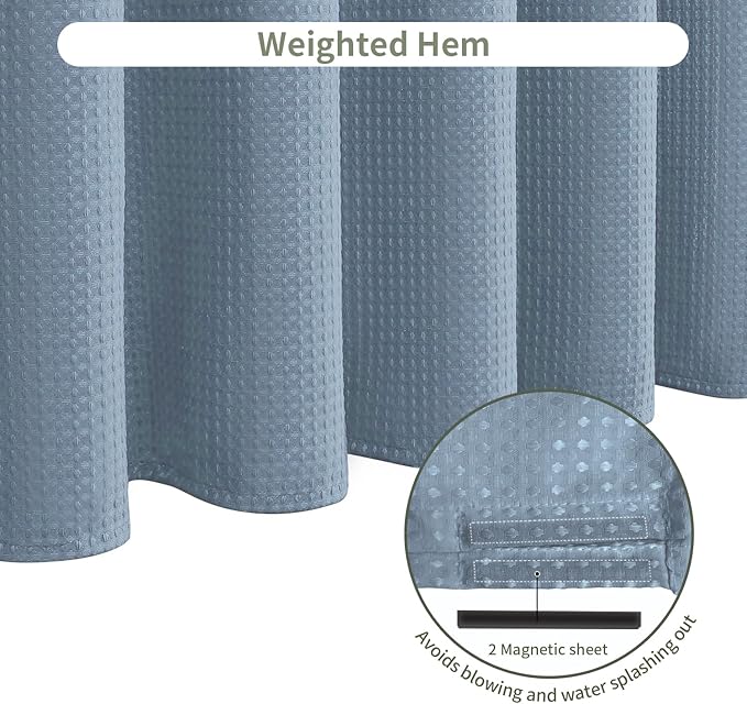 Inhousolu Fabric Shower Curtain Waffle Weave, Fog Blue 230 GSM Heavy Duty, Weighted Hem, 14 Metal Hooks, Water Repellent, Machine Washable, Hotel Spa Luxury Bath Curtain Set, 72 x 72 Inch