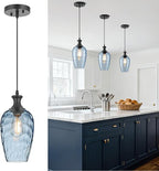 Glass Pendant Lights Kitchen Island, 1-Light Blue Pendant Light Fixtures with Hammered Glass, Modern Farmhouse Hanging Light for Kitchen Sink Dining Room Bedroom, E26