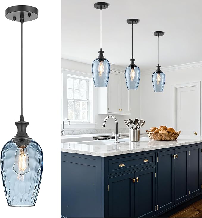 Glass Pendant Lights Kitchen Island, 1-Light Blue Pendant Light Fixtures with Hammered Glass, Modern Farmhouse Hanging Light for Kitchen Sink Dining Room Bedroom, E26