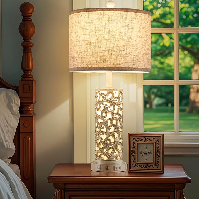 26" Farmhouse Table Lamp - 2 USB A+C 3-Way Dimmable Touch Lamps