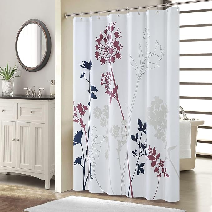 Long Fabric Shower Curtain, White and Burgundy Floral Shower Curtain, Blue and Grey Plant Shower Curtains for Bathroom, Waterproof Bathroom Curtains, 72" W x 78" H