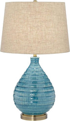 360 Lighting Kayley Mid Century Modern Coastal Table Lamp Textured Ceramic 24" High Sky Blue Glaze Linen Fabric Tapered Drum Shade for Living Room Bedroom House Bedside Nightstand Home