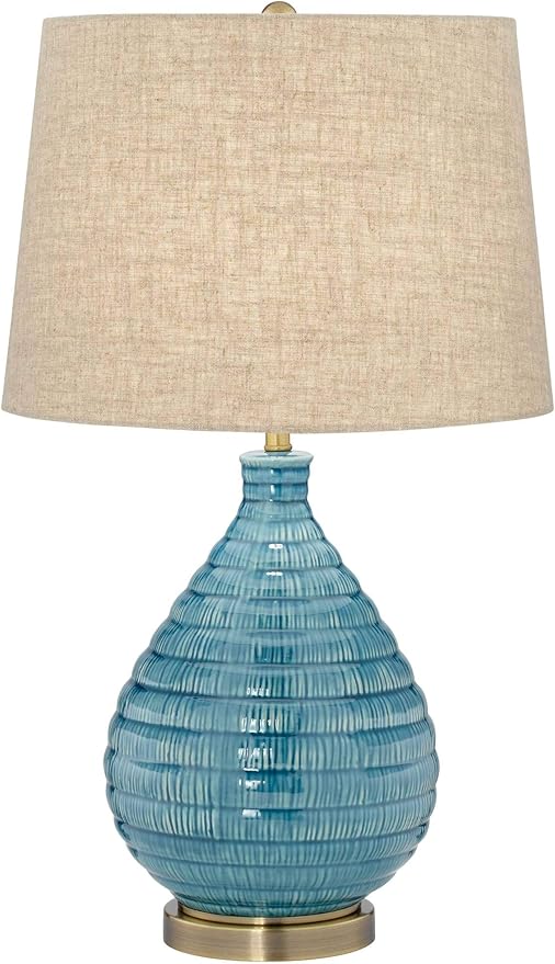 360 Lighting Kayley Mid Century Modern Coastal Table Lamp Textured Ceramic 24" High Sky Blue Glaze Linen Fabric Tapered Drum Shade for Living Room Bedroom House Bedside Nightstand Home