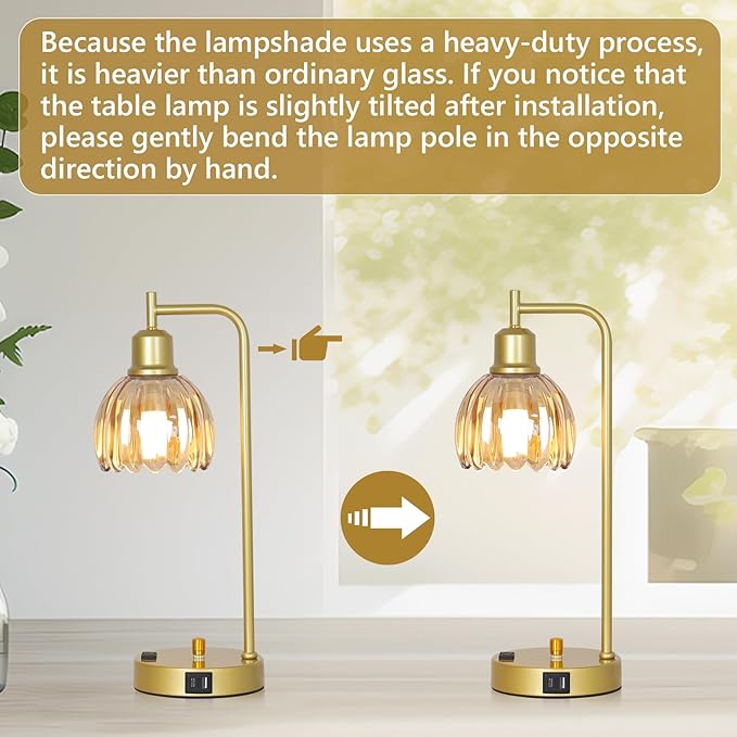 Mid Century Table Lamp With USB Port And Outlet Set Of 2, Amber Glass Bedside Table Lamp For Bedroom, Retro Desk Lamps For Home Office, Vintage Night Stand Lamps, Modern Gold Industrial Desk Light