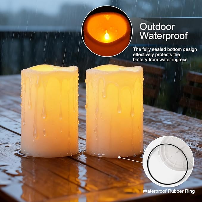 Amagic 2 Pack 6" x 4" Outdoor Plastic Electric flameless Candles with Remote Control and Timer, Battery Operated Flickering LED Pillar Fake Candle for Home, Wedding Decor, Ivory