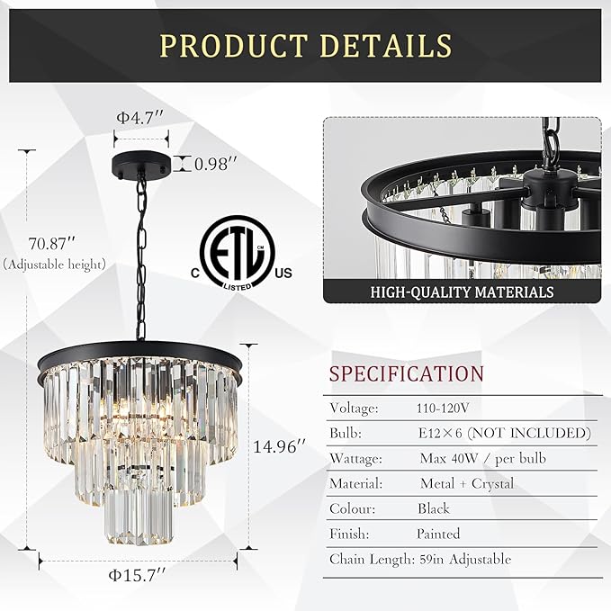 Modern Crystal Chandeliers 16" Small Black Pendant Light Luxury 3 Tiers K9 Crystal Ceiling Pendant Round Light Fixture 6-Light for Dining Room Entryway Kitchen Bedroom Closet