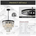 Modern Crystal Chandeliers 16" Small Black Pendant Light Luxury 3 Tiers K9 Crystal Ceiling Pendant Round Light Fixture 6-Light for Dining Room Entryway Kitchen Bedroom Closet