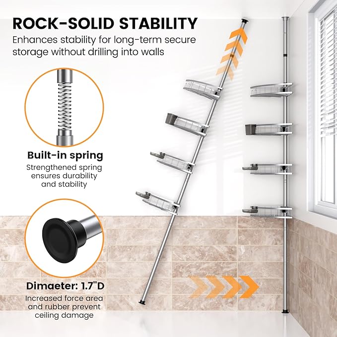 Tension Pole Shower Caddy Corner: Adjustable 4tier Bathroom Organizer Shelves - Rustproof Bathtub Shampoo Rack 43.5-120 inch