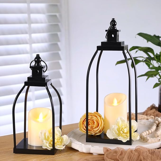 DARJEN Modern Farmhouse Lantern Decor Outdoor & Indoor- 15'' 12'' Black Metal Candle Lanterns for Christmas, Lanterns Decorative with 2 Flameless Candles for Living Room, Home, Table Centerpiece Decor