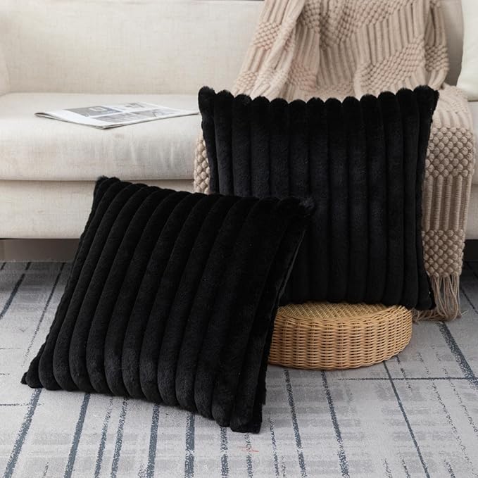 ZLINA Set of 2 Black Faux Fur Decorative Throw Pillow Covers Fluffy Striped Pillowcase Cushion Covers 24 x 24 Inch Decor Sofa Couch Bedroom
