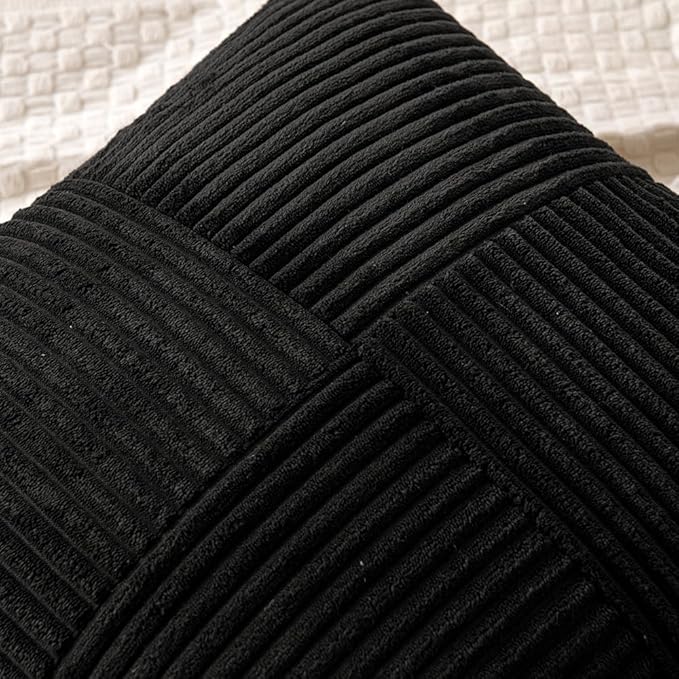 MIULEE 12x20 Inch Boho Lumbar Accent Pillows Set of 2 - Black Corduroy Textured Throw Pillow Covers with Cross Patchwork Design, Soft Spliced Decorative for Sofa, Bed & Reading Nook