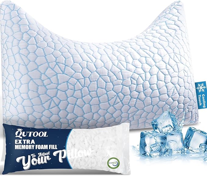 King Cooling Side sleeper pillow for adults,cervical neck support pillow for neck and shoulder pain Relief,Adjustable Shredded Memory Foam Bed Pillow 1 Pack with Additional Foam Fill Included (White)