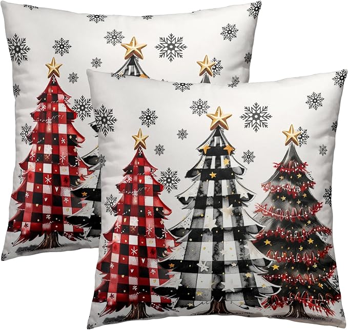 Christmas Tree Throw Pillow Covers 20x20 Set of 2, Red Black Buffalo Plaid Snowflakes Winter Holiday Farmhouse Pillowcases Cushion Cover for Couch Sofa Chair Living Room Bedroom